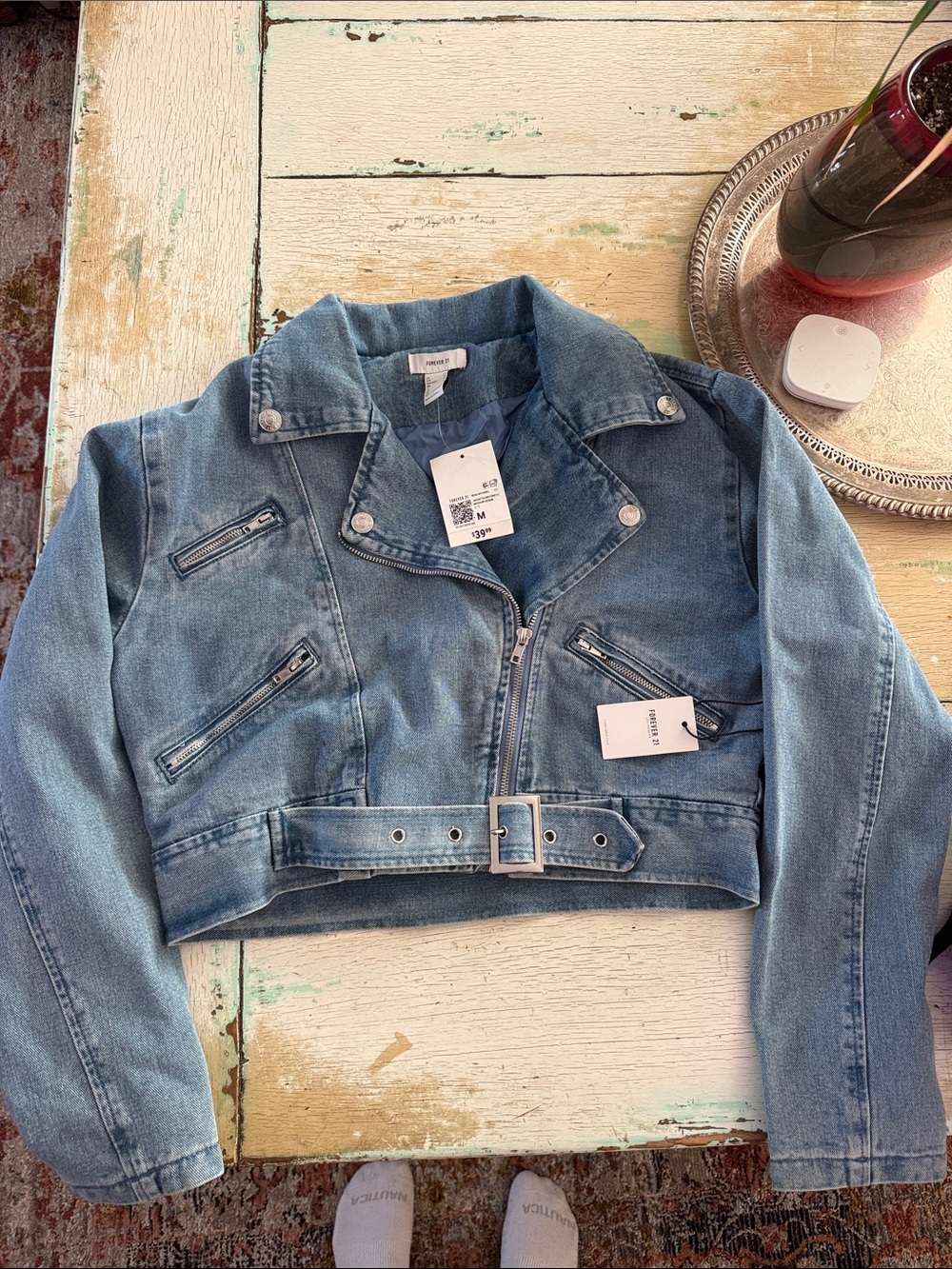 Forever 21 Denim Moto Crop Jacket - Light Blue